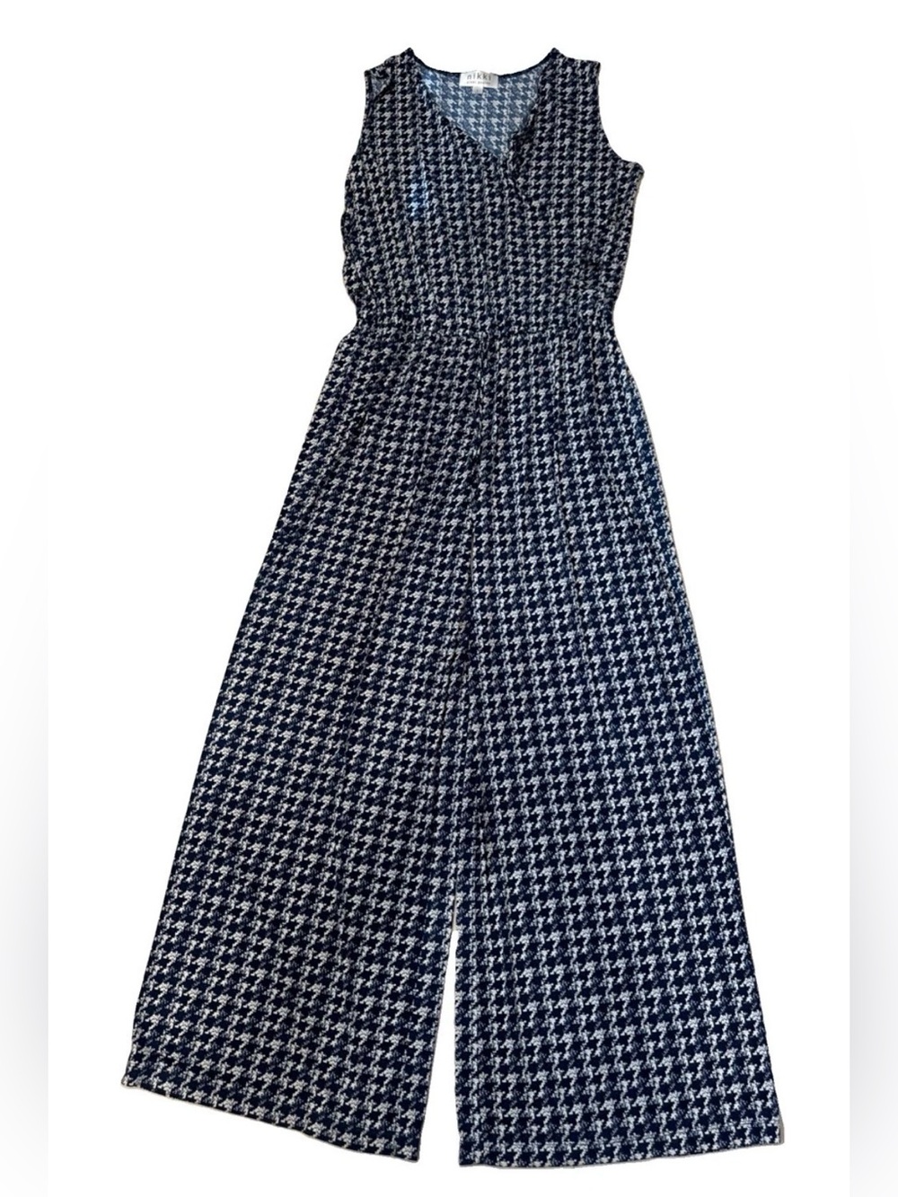 Nikki Nikki Poulos Surplice Jumpsuit Lightweight Knit Blue & Off White L NWOT